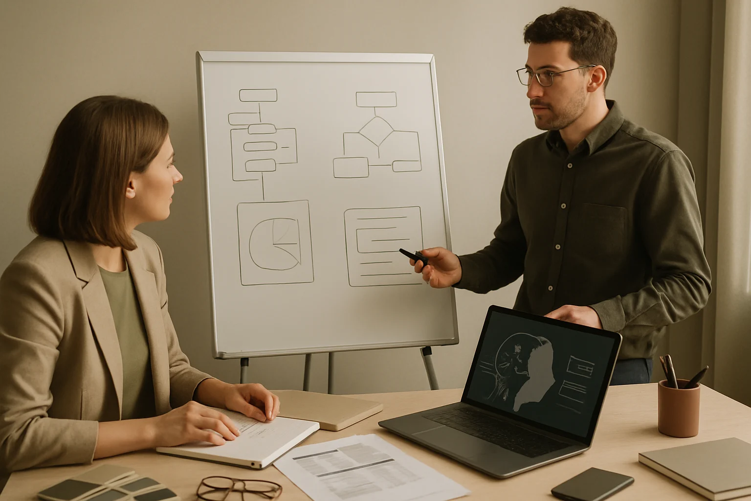 Warsztat AI dla biznesu z mapa procesow, notatkami do automatyzacji i planem wdrożeń wspierających firme. Editorialny hero dla artykulu "AI dla biznesu".