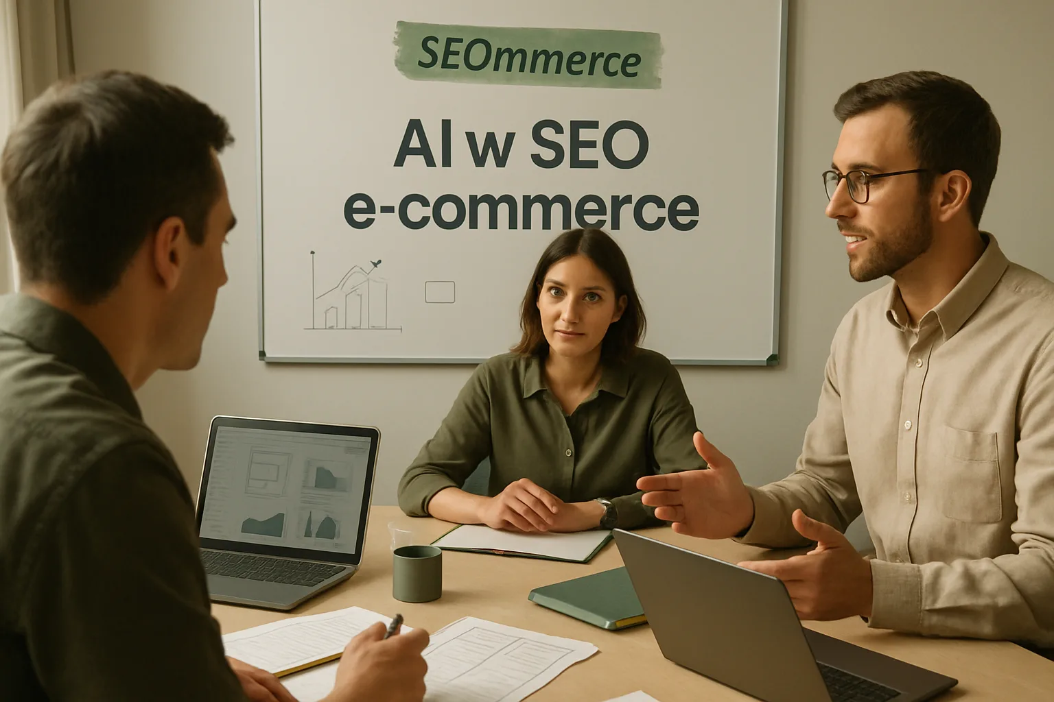 Warsztat SEOmmerce z uporzadkowanymi materialami strategicznymi, analiza danych i planem rozwoju serwisu. Editorialny hero dla artykulu "AI w SEO e-commerce".