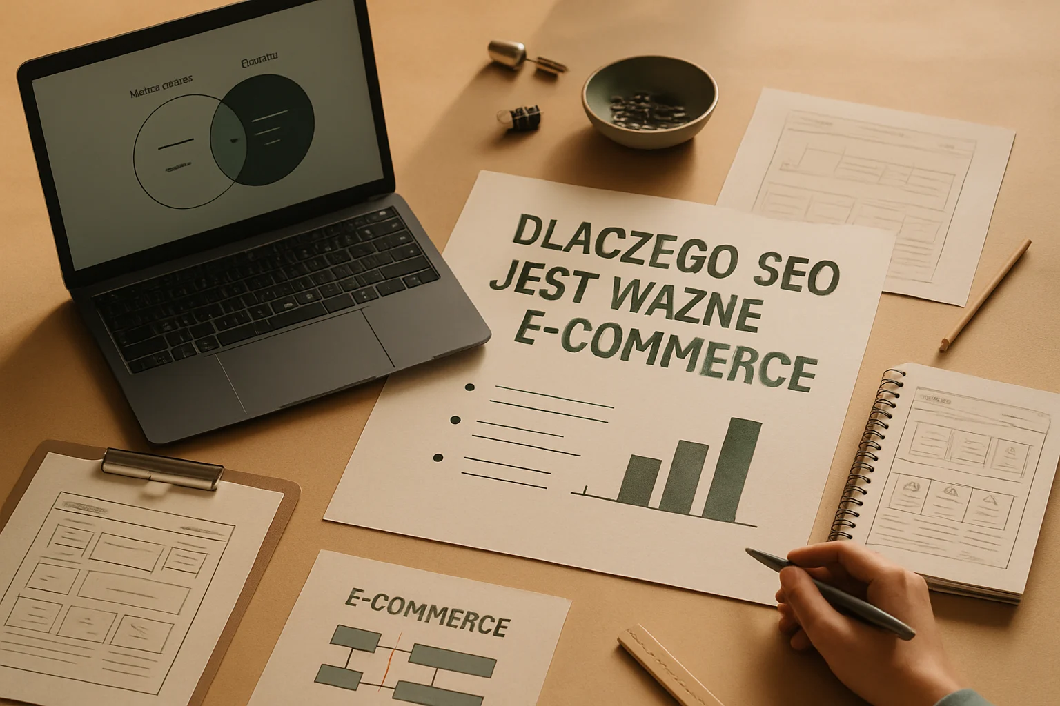 Warsztat SEOmmerce z uporzadkowanymi materialami strategicznymi, analiza danych i planem rozwoju serwisu. Editorialny hero dla artykulu "Dlaczego SEO jest ważne dla e-commerce".