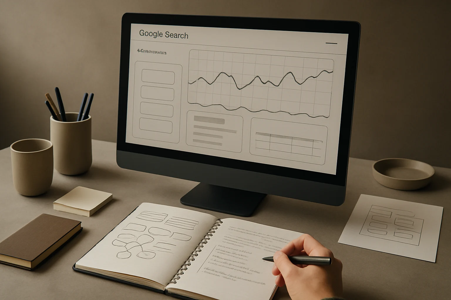 Stanowisko pracy z Google Search Console z wykresami skutecznosci, mapa witryny i notatkami analitycznymi. Editorialny hero dla artykulu "Google Search Console od podstaw".