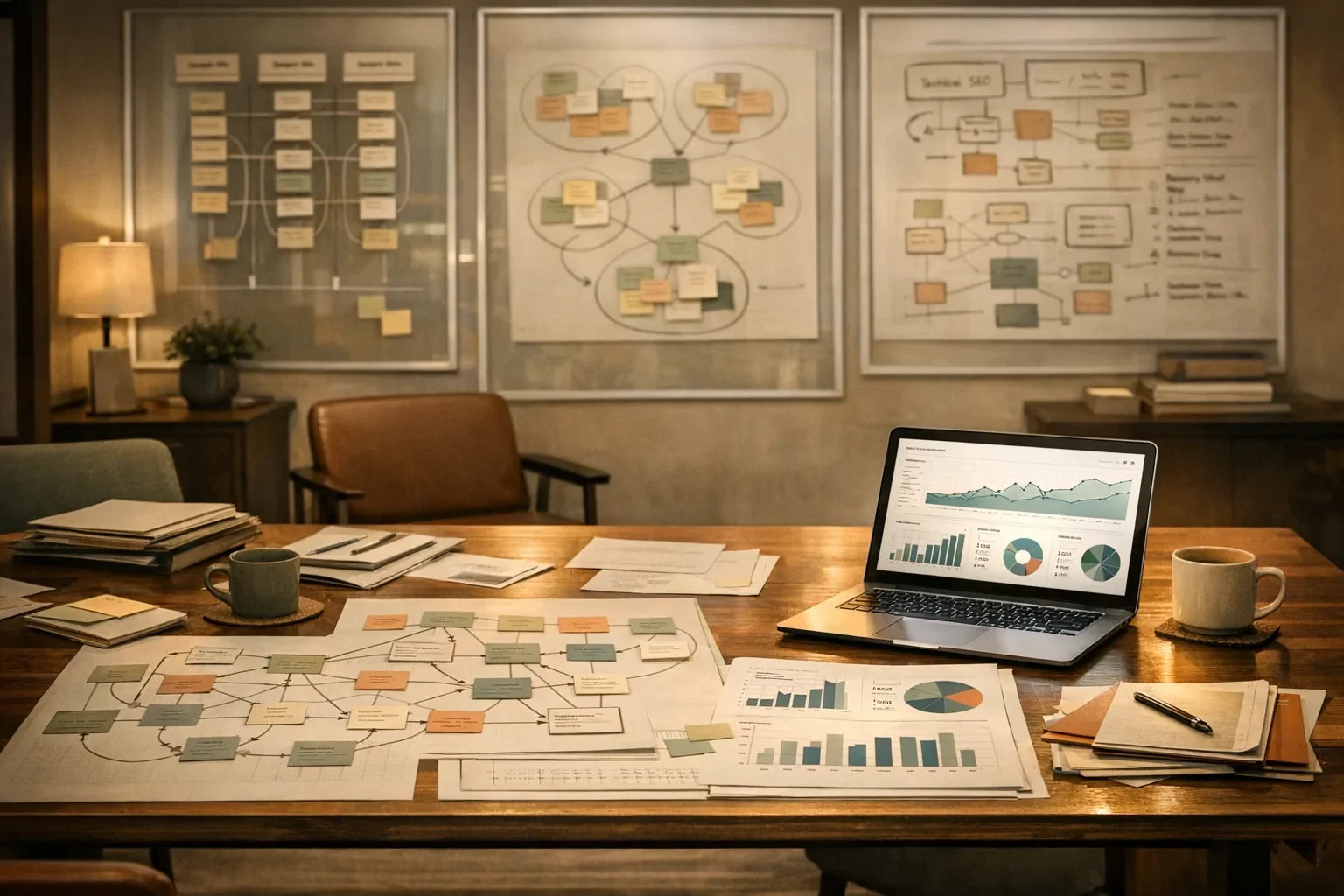 Studio strategii dla sklepu internetowego z porownaniem platform, architektura sklepu i planem wzrostu SEO. Editorialny hero dla artykulu "Ile kosztuje SEO sklepu internetowego".