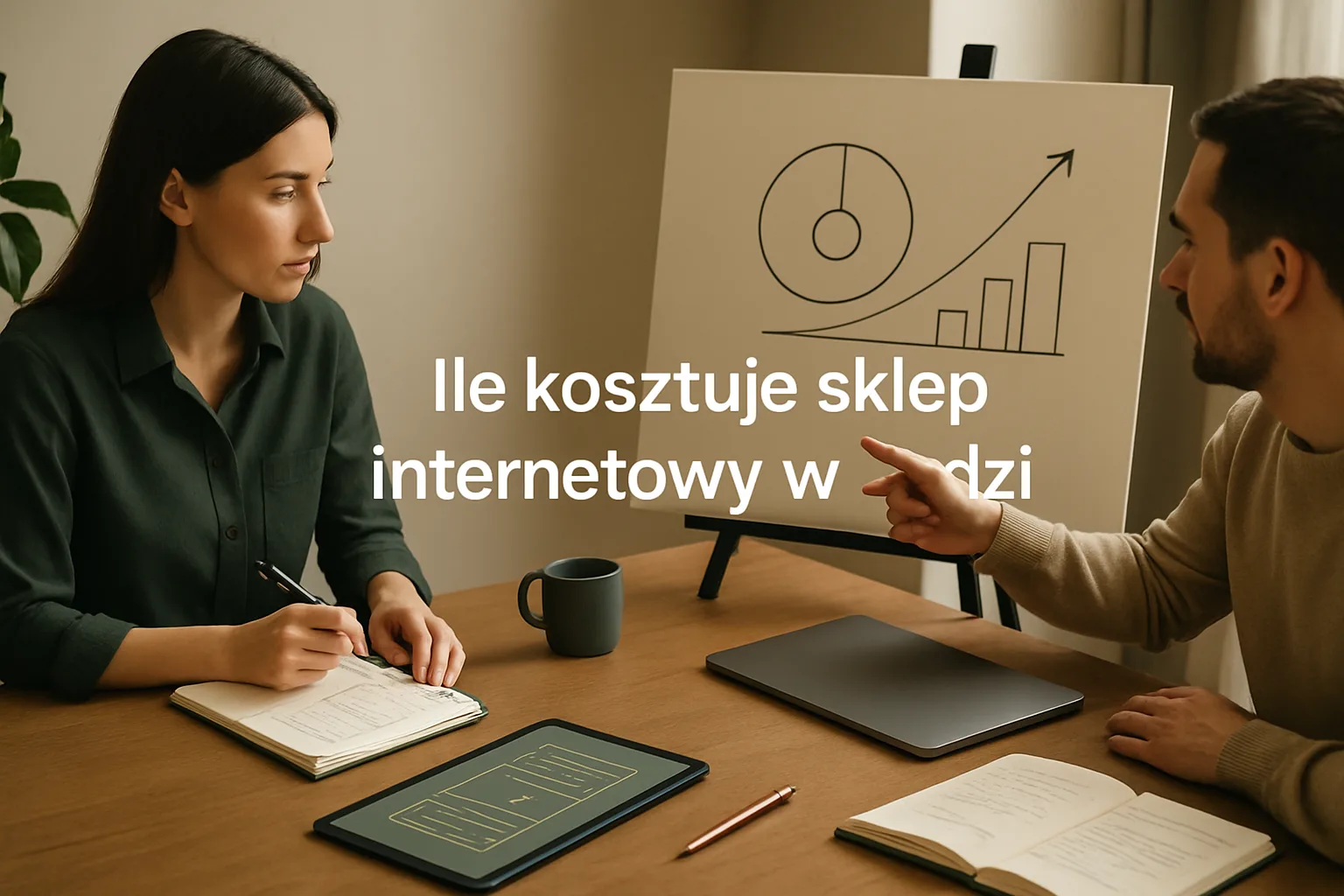 Warsztat SEOmmerce z uporzadkowanymi materialami strategicznymi, analiza danych i planem rozwoju serwisu. Editorialny hero dla artykulu "Ile kosztuje sklep internetowy w Łodzi".