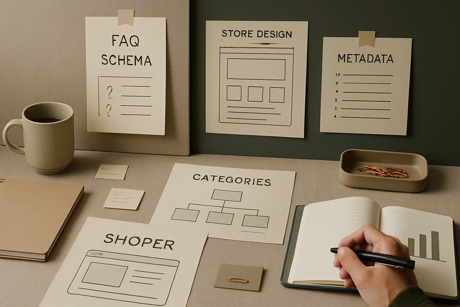 Warsztat wzrostu sklepu Shoper z architektura kategorii, metadata, FAQ i planem rozwoju SEO. Editorialny hero dla artykulu "Schema FAQ w sklepie Shoper".