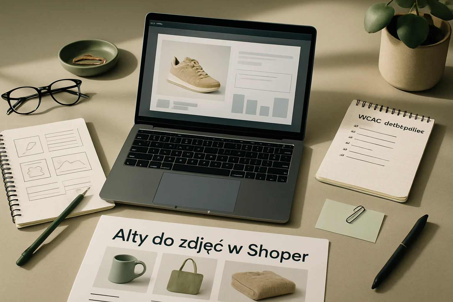 Stanowisko do pracy nad altami i dostepnoscia obrazow w e-commerce z kartami produktow oraz lista kontroli WCAG. Editorialny hero dla artykulu "Alty do zdjec w Shoper".