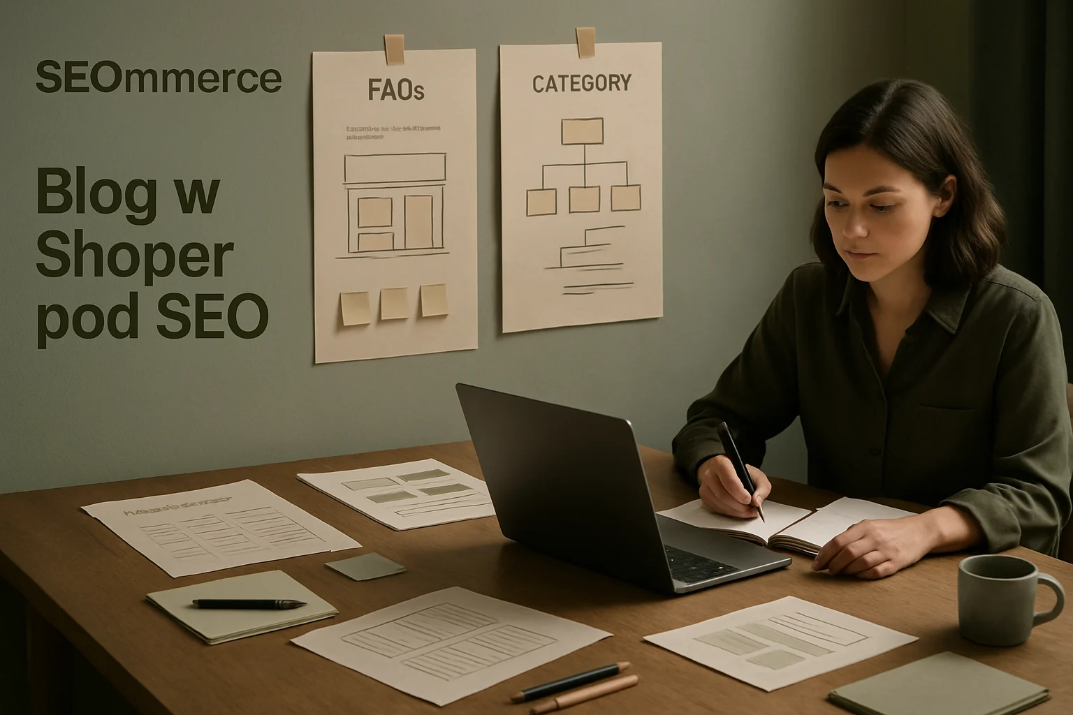 Warsztat wzrostu sklepu Shoper z architektura kategorii, metadata, FAQ i planem rozwoju SEO. Editorialny hero dla artykulu "Blog w Shoper pod SEO".