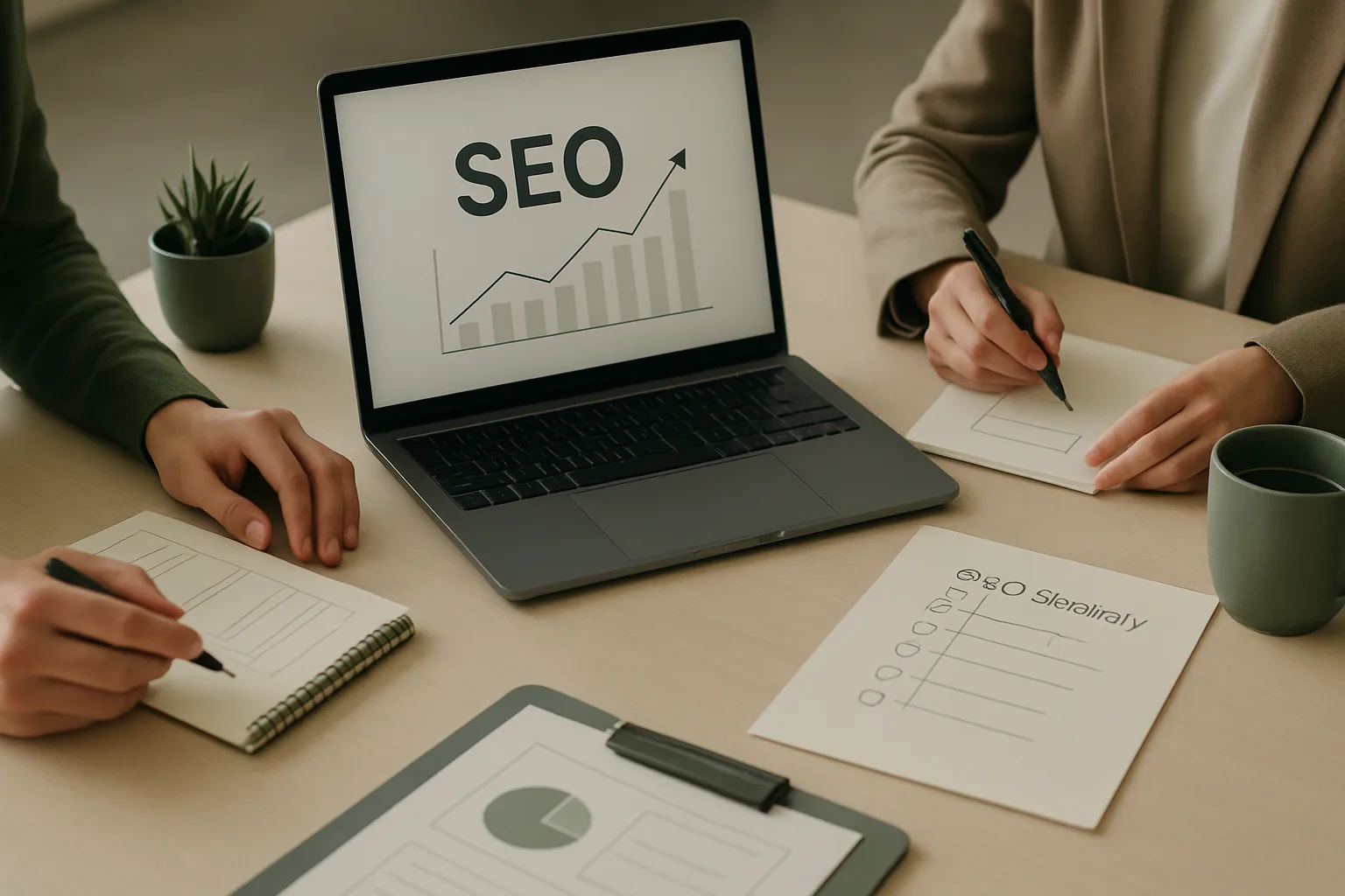 Warsztat SEOmmerce z uporzadkowanymi materialami strategicznymi, analiza danych i planem rozwoju serwisu. Editorialny hero dla artykulu "Jak wybrać agencję SEO w Łodzi".