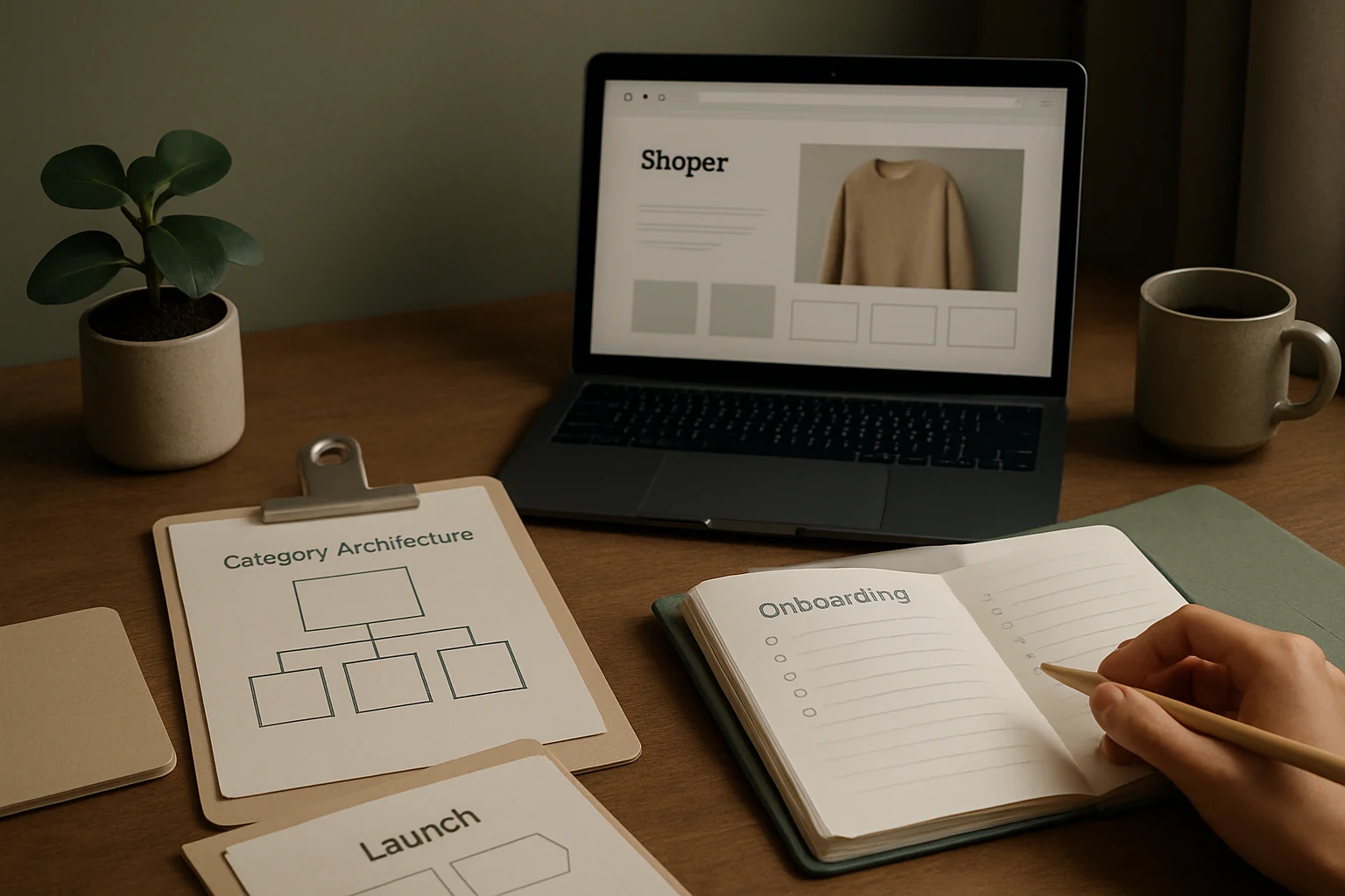 Warsztat SEOmmerce z uporzadkowanymi materialami strategicznymi, analiza danych i planem rozwoju serwisu. Editorialny hero dla artykulu "Jak zacząć sklep na Shoper".