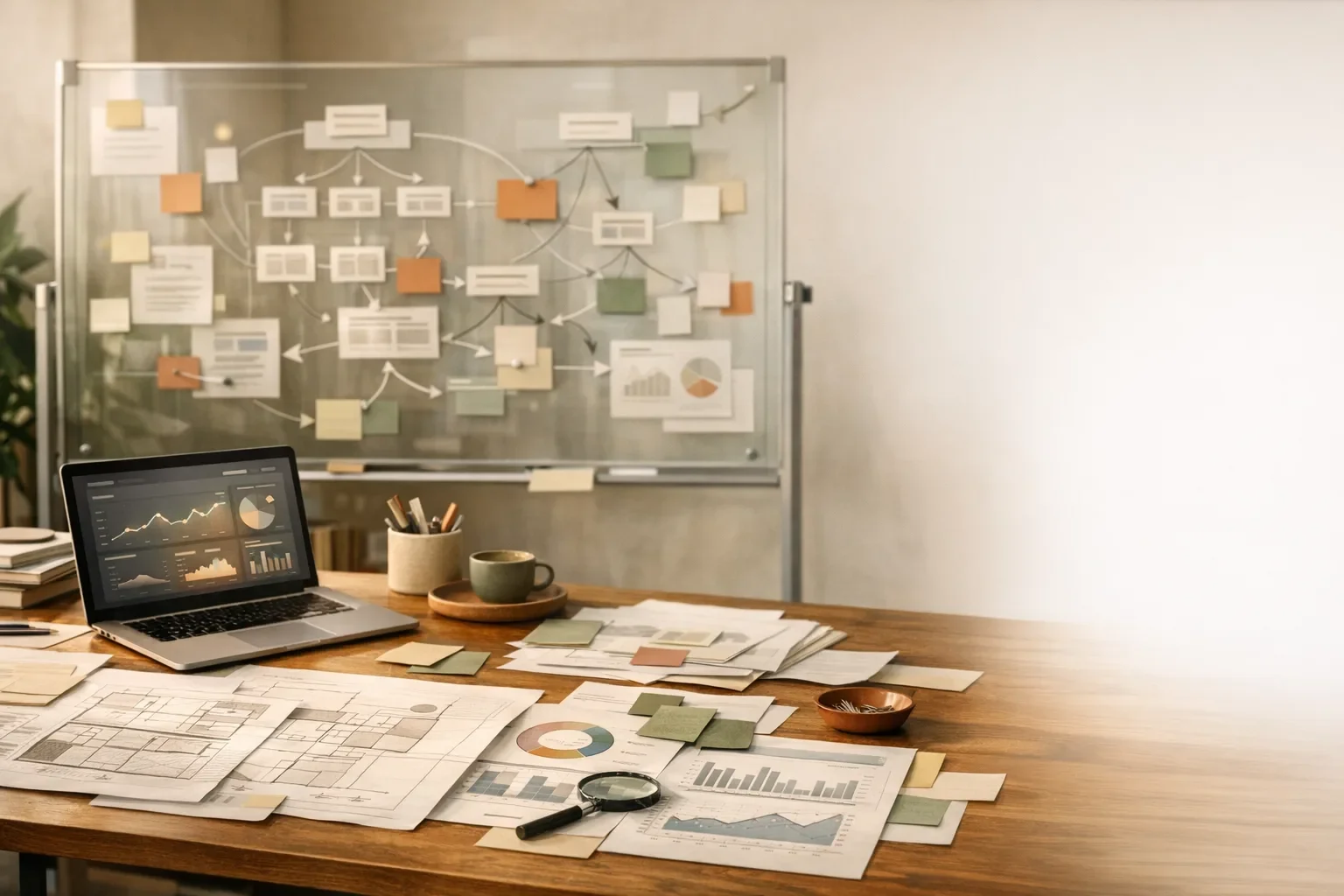 Warsztat architektury treści z briefami, mapa kategorii, planem linkowania i materialami redakcyjnymi dla sklepu. Editorialny hero dla artykulu "FAQ i sekcje contentowe w Shoper".