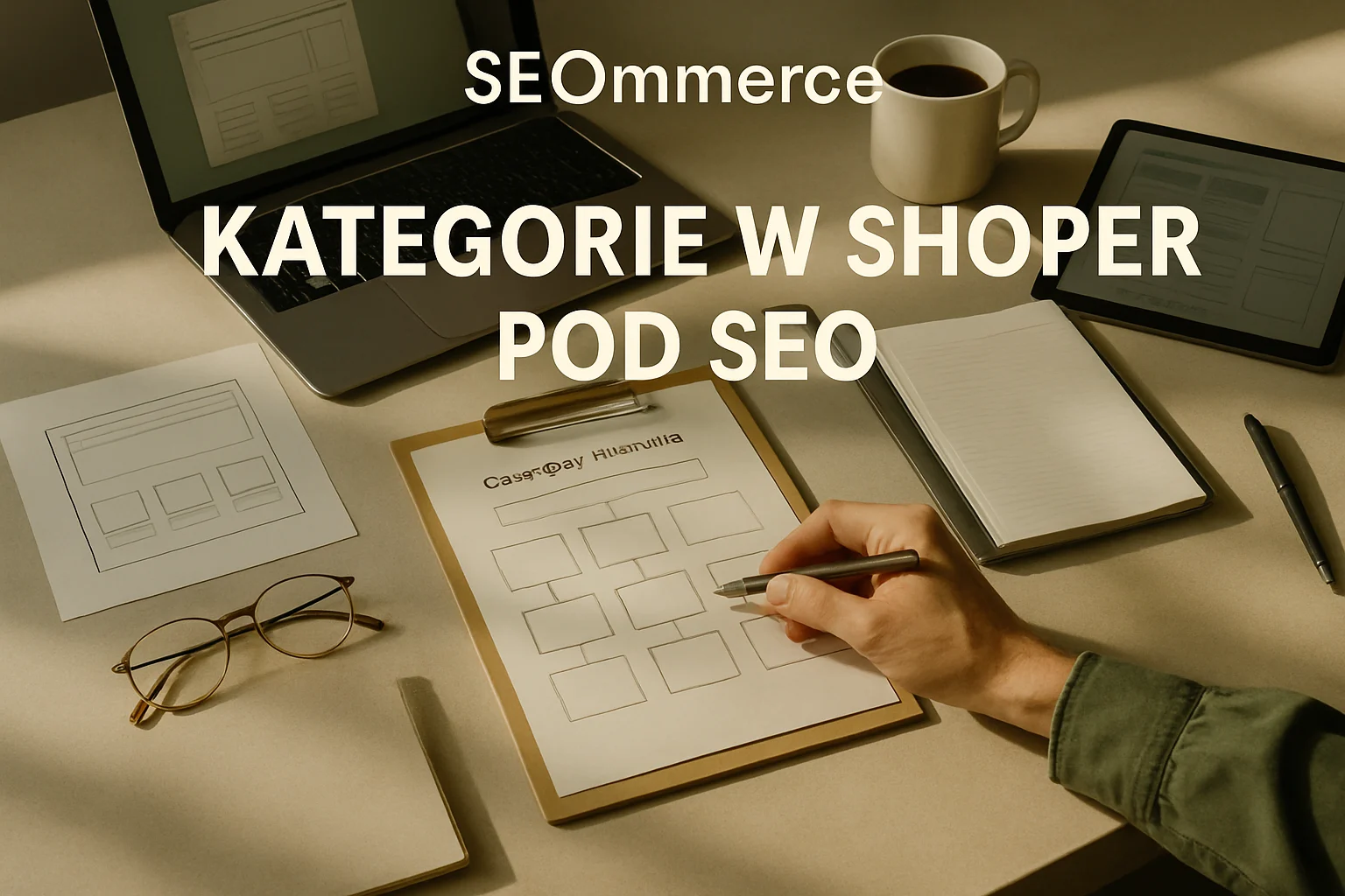 Warsztat wzrostu sklepu Shoper z architektura kategorii, metadata, FAQ i planem rozwoju SEO. Editorialny hero dla artykulu "Kategorie w Shoper pod SEO".