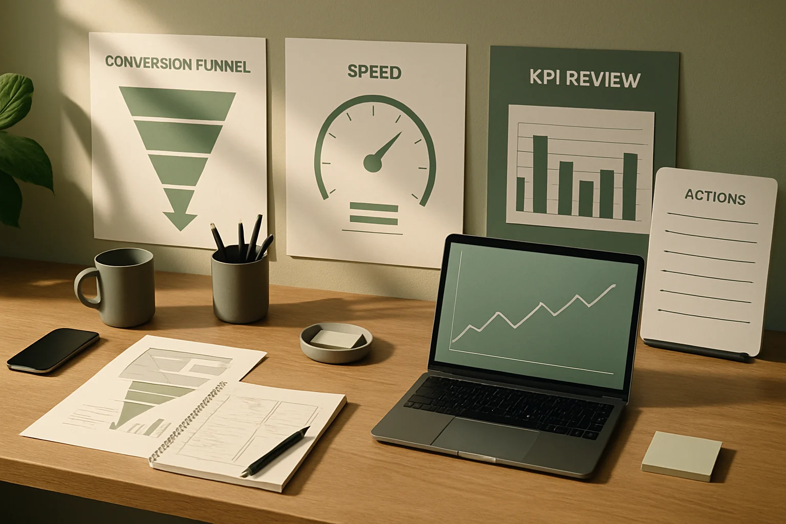 Laboratorium wzrostu e-commerce z analiza konwersji, wydajności sklepu i najważniejszych metryk biznesowych. Editorialny hero dla artykulu "Jak zwiększyć konwersję w e-commerce".