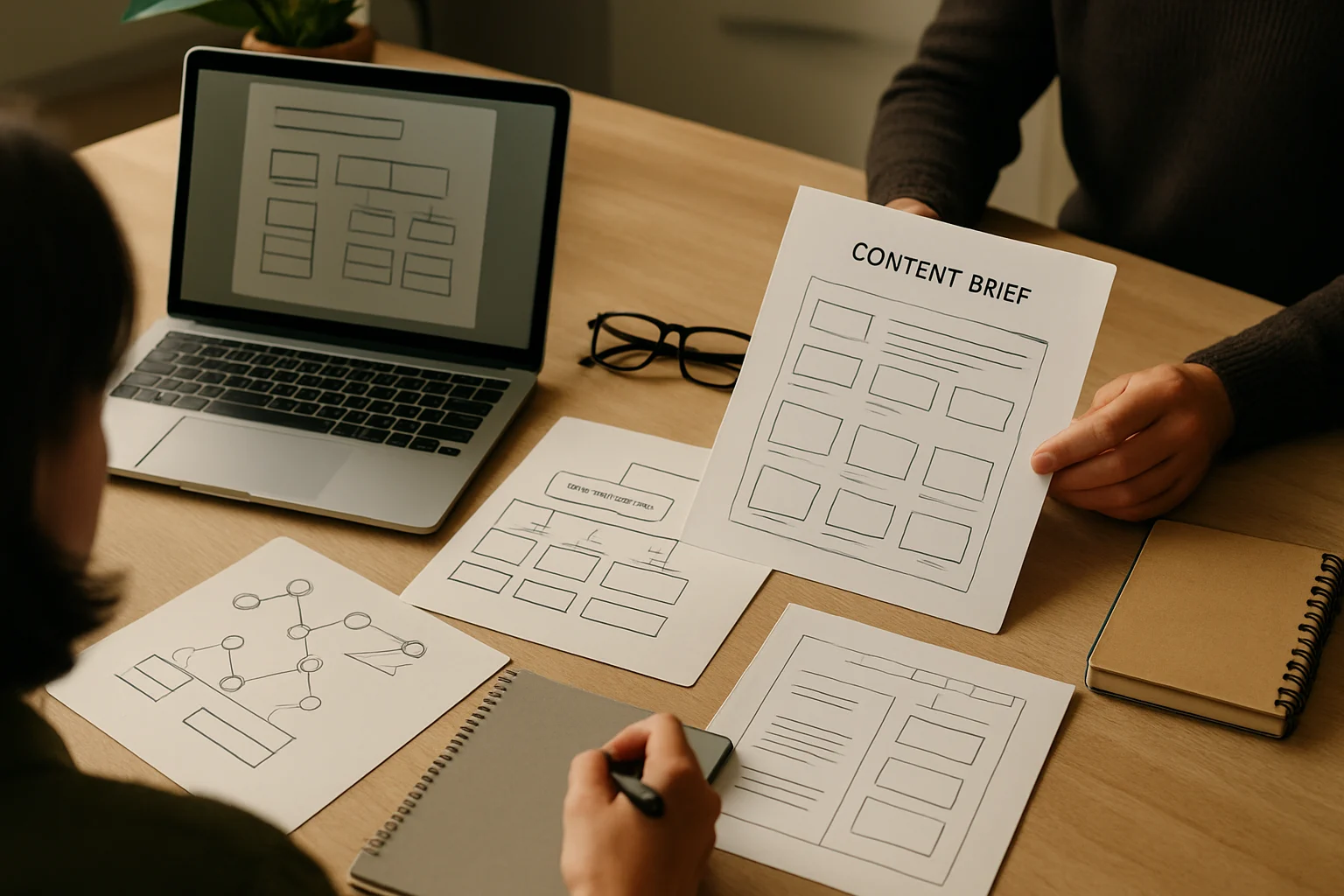 Warsztat architektury treści z briefami, mapa kategorii, planem linkowania i materialami redakcyjnymi dla sklepu. Editorialny hero dla artykulu "Kanibalizacja fraz w sklepie".