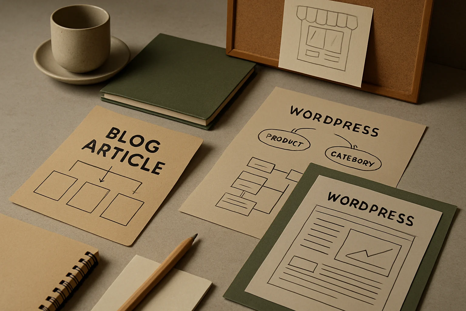 Warsztat WooCommerce z planem treści, relacjami miedzy wpisami i kategoriami oraz materialami do optymalizacji sklepu. Editorialny hero dla artykulu "Artykuł blogowy dla WooCommerce".