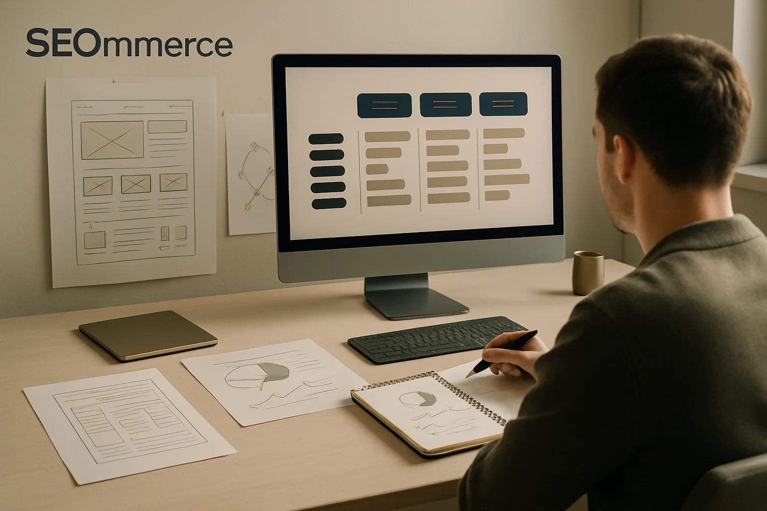 Warsztat SEOmmerce z uporzadkowanymi materialami strategicznymi, analiza danych i planem rozwoju serwisu. Editorialny hero dla artykulu "Porównanie platform SaaS dla e-commerce".