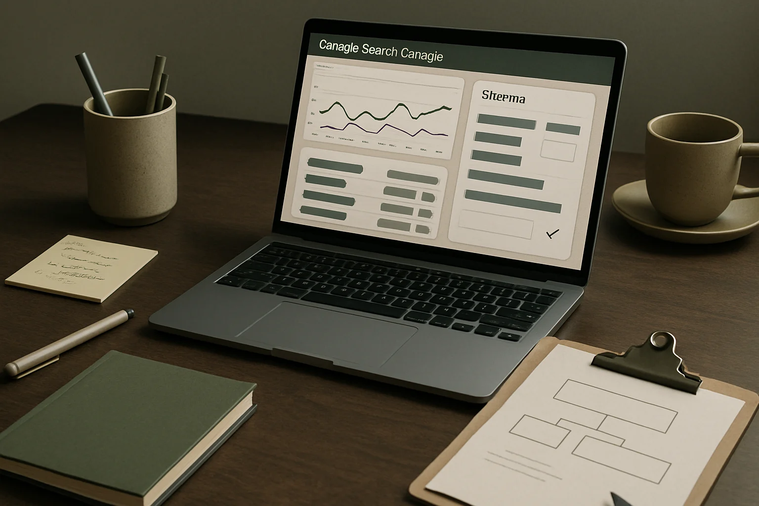 Stanowisko pracy z Google Search Console z wykresami skuteczności, mapa witryny i notatkami analitycznymi. Editorialny hero dla artykulu "Mapa witryny w Google Search Console".