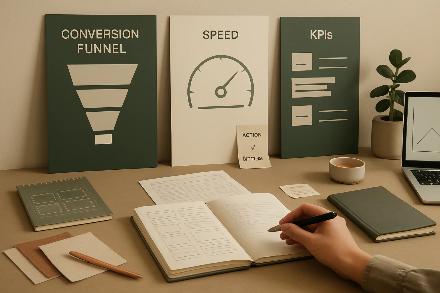 Laboratorium wzrostu e-commerce z analiza konwersji, wydajności sklepu i najważniejszych metryk biznesowych. Editorialny hero dla artykulu "Najważniejsze metryki startupu".