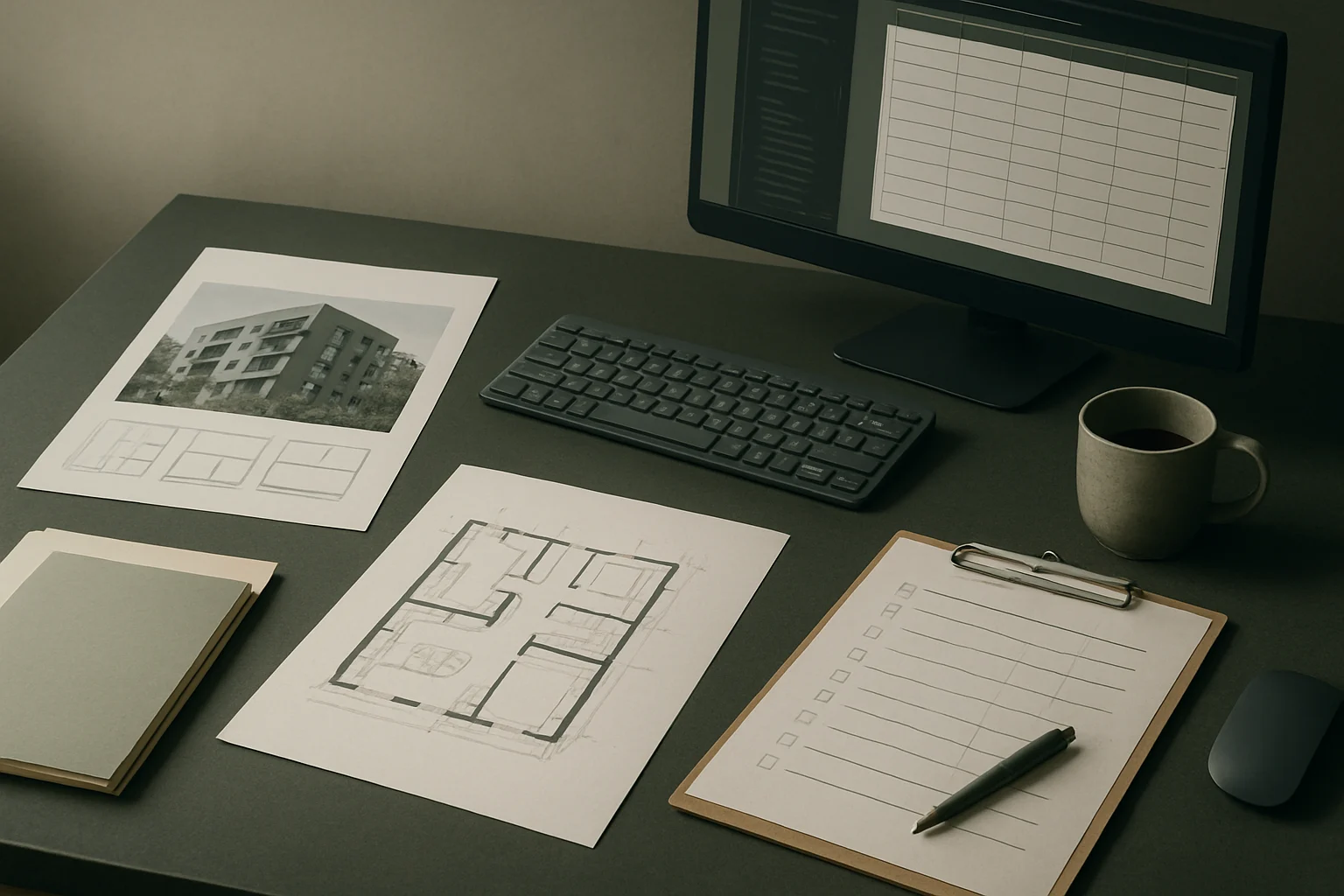 Warsztat SEOmmerce z uporzadkowanymi materialami strategicznymi, analiza danych i planem rozwoju serwisu. Editorialny hero dla artykulu "Raportowanie cen mieszkań w 2025".