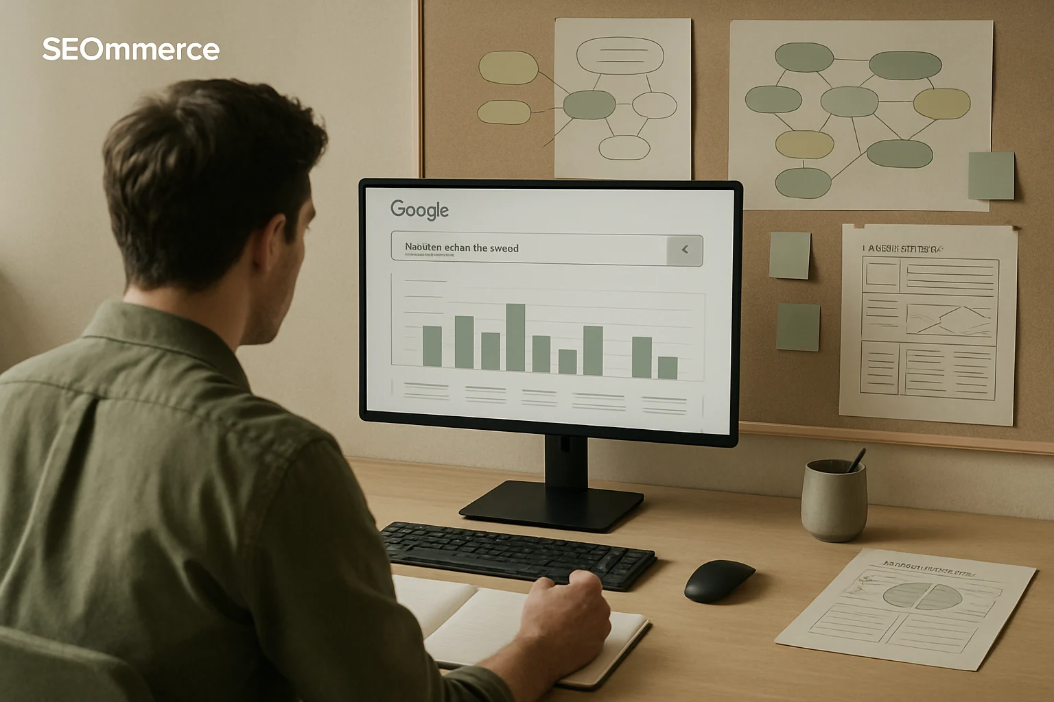Warsztat SEOmmerce z uporzadkowanymi materialami strategicznymi, analiza danych i planem rozwoju serwisu. Editorialny hero dla artykulu "Planer słów kluczowych Google".