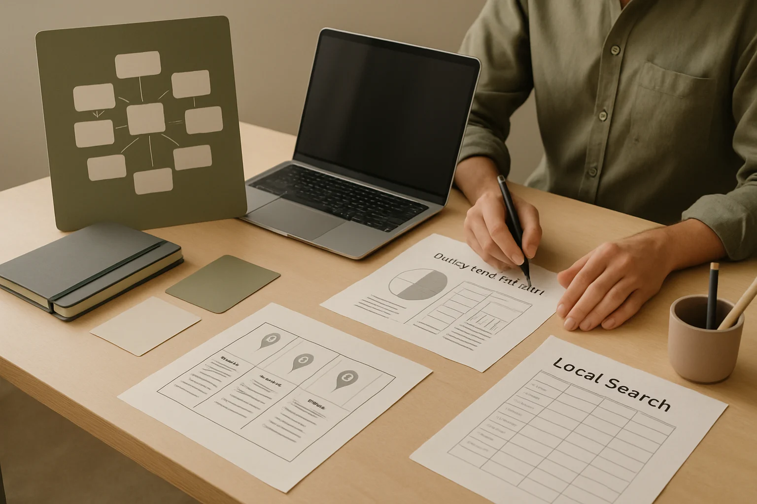 Warsztat strategii SEO z mapa fraz, intencjami wyszukiwania i materialami do planowania widoczności strony. Editorialny hero dla artykulu "Podstawy SEO dla e-commerce".