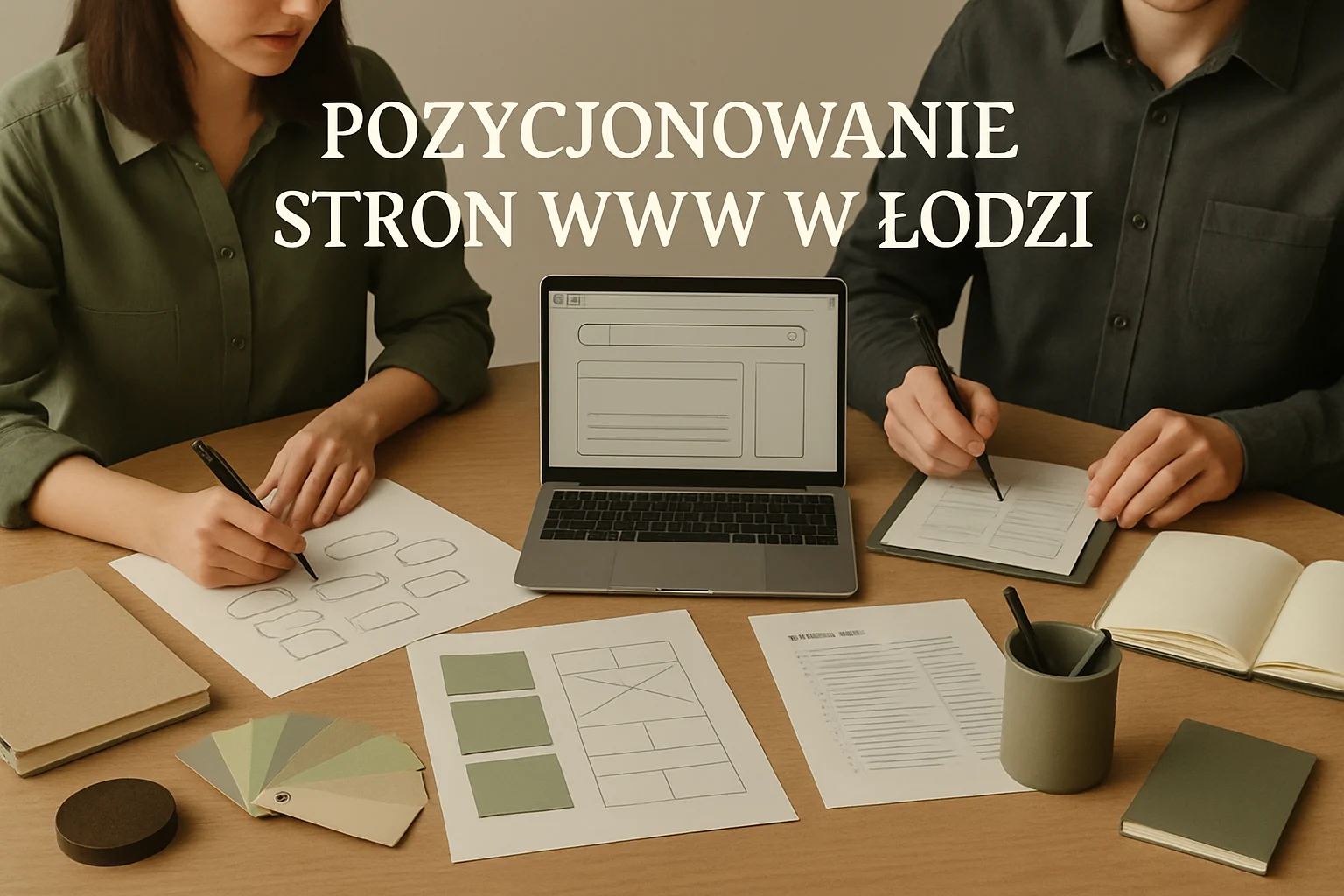 Warsztat strategii SEO z mapa fraz, intencjami wyszukiwania i materialami do planowania widoczności strony. Editorialny hero dla artykulu "Pozycjonowanie stron www w Łodzi".