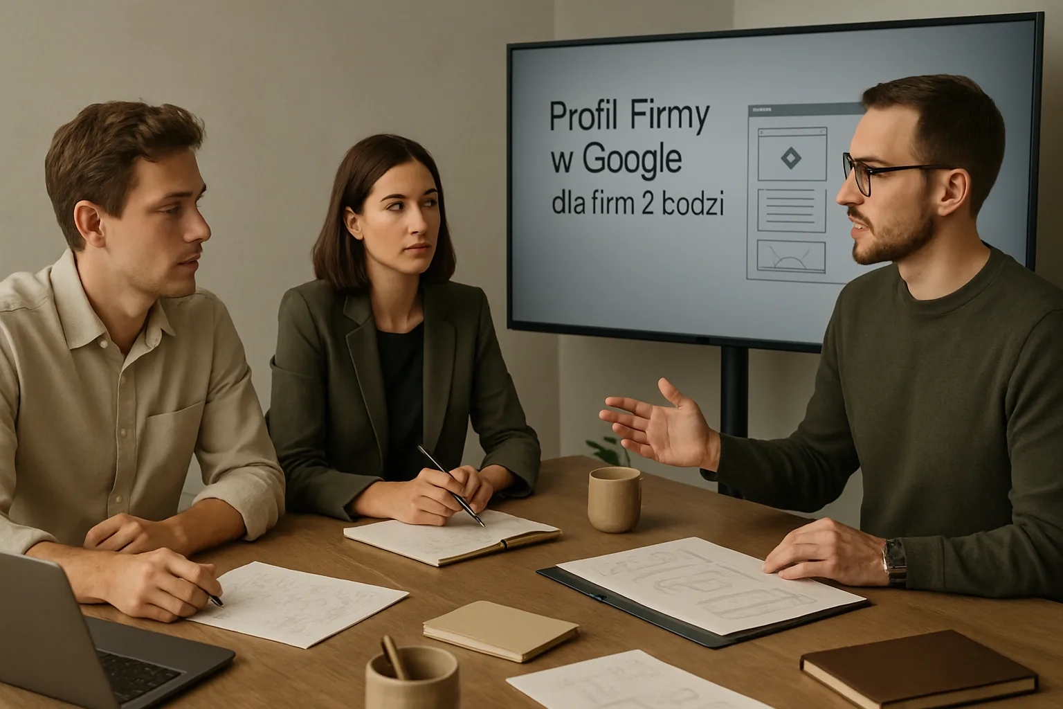 Warsztat SEOmmerce z uporzadkowanymi materialami strategicznymi, analiza danych i planem rozwoju serwisu. Editorialny hero dla artykulu "Profil Firmy w Google dla firm z Łodzi".