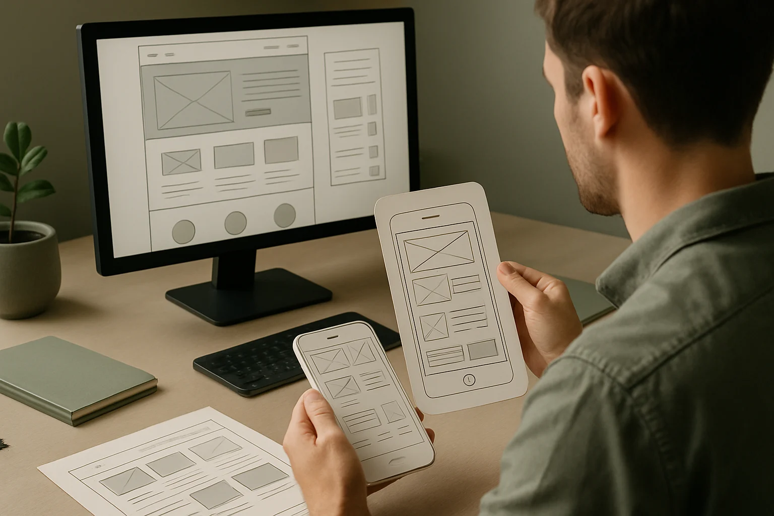 Studio projektowania stron internetowych z makietami mobile i desktop oraz planem hierarchii treści. Editorialny hero dla artykulu "Projektowanie stron e-commerce mobile first".