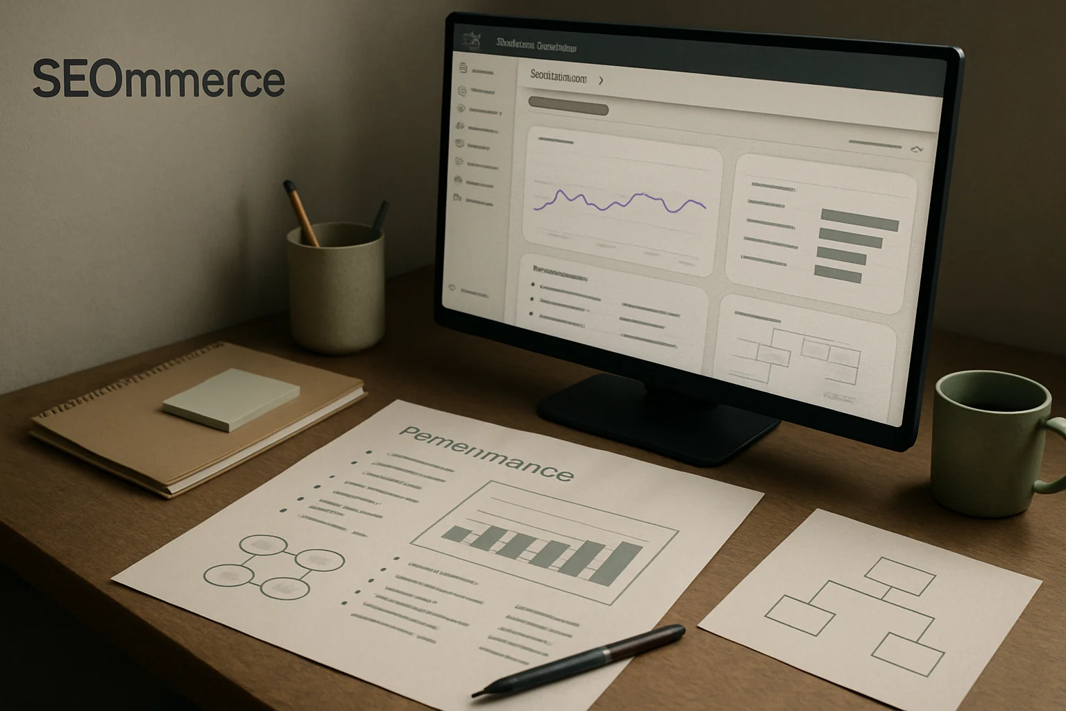Stanowisko pracy z Google Search Console z wykresami skuteczności, mapa witryny i notatkami analitycznymi. Editorialny hero dla artykulu "Raport skuteczności w Google Search Console".