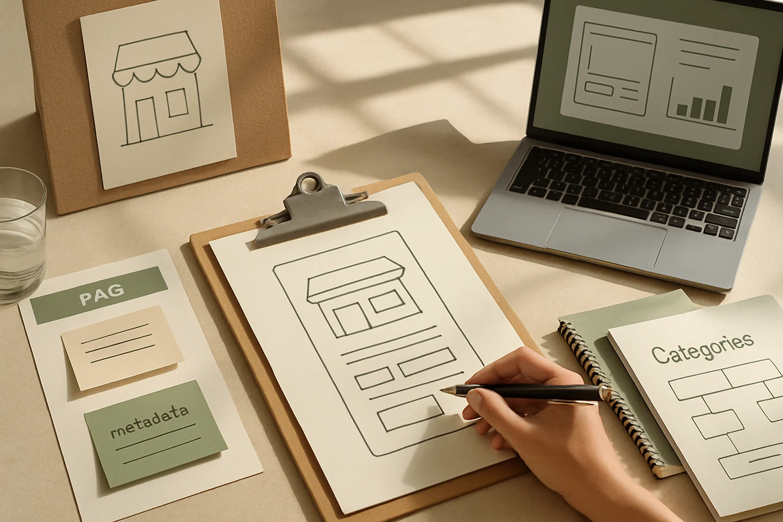 Warsztat wzrostu sklepu Shoper z architektura kategorii, metadata, FAQ i planem rozwoju SEO. Editorialny hero dla artykulu "Reseller Shoper i korzyści ze współpracy".