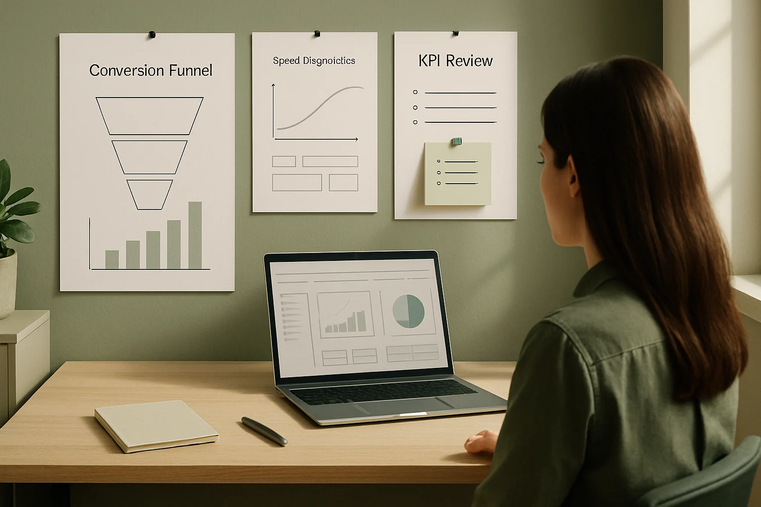 Laboratorium wzrostu e-commerce z analiza konwersji, wydajności sklepu i najważniejszych metryk biznesowych. Editorialny hero dla artykulu "Skalowanie sklepu internetowego i architektury wzrostu".