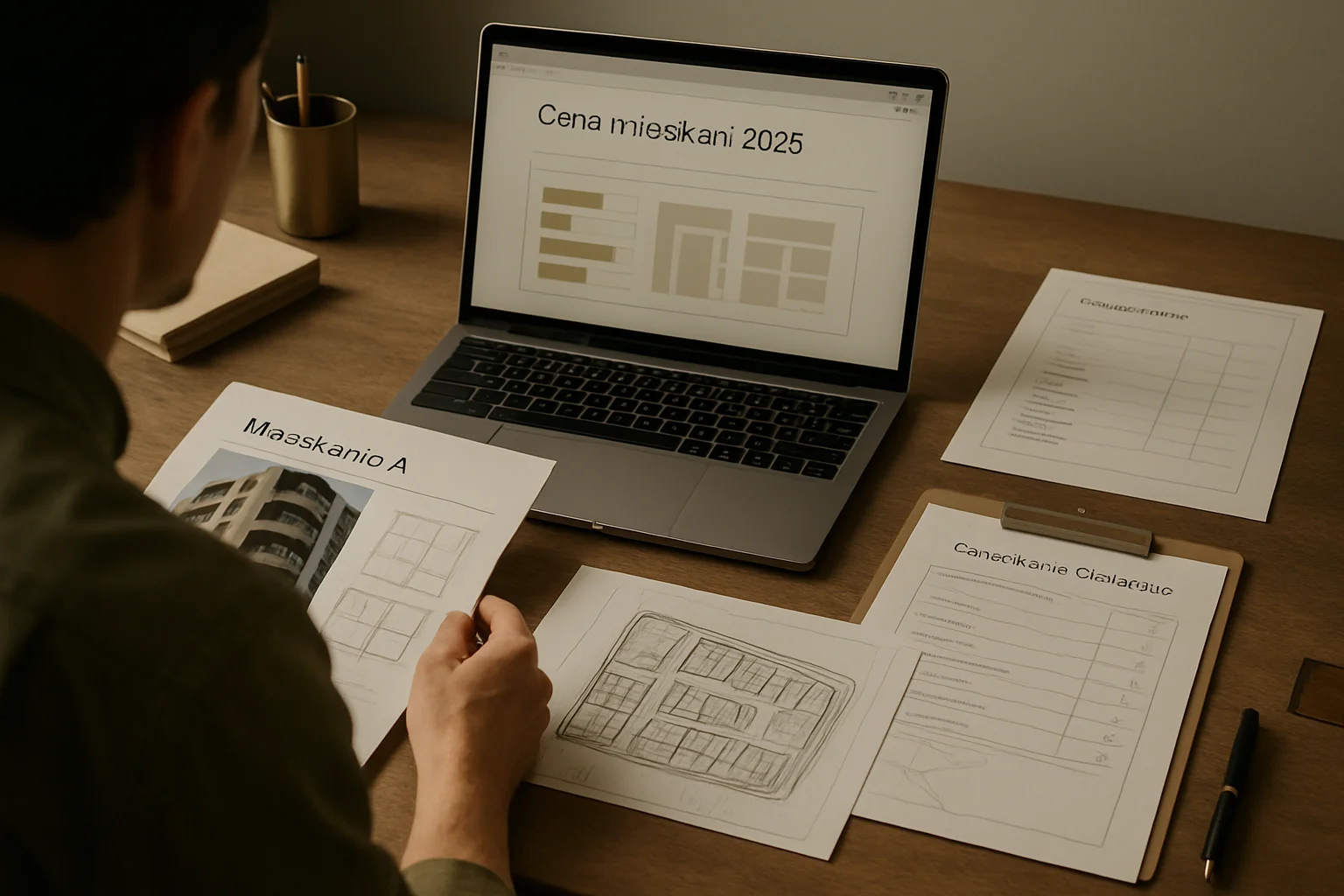 Warsztat zgodnosci dla strony deweloperskiej z kartami inwestycji, planami mieszkan i materialami do publikacji cen. Editorialny hero dla artykulu "Ustawa o jawności cen mieszkań 2025".