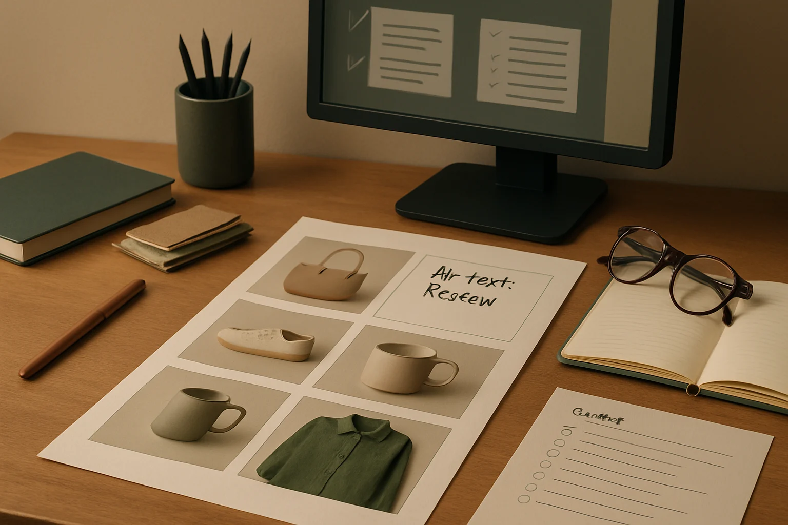 Stanowisko do pracy nad altami i dostępnością obrazów w e-commerce z kartami produktów oraz lista kontroli WCAG. Editorialny hero dla artykulu "WCAG 2.2 i dostępność cyfrowa w 2025".