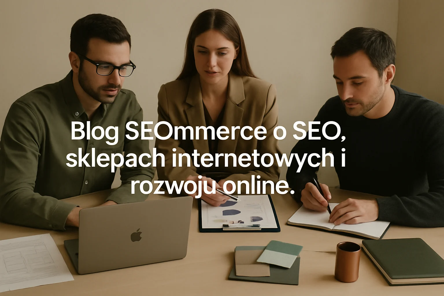 Warsztat SEOmmerce z uporzadkowanymi materialami strategicznymi, analiza danych i planem rozwoju serwisu. Obraz otwierajacy sekcje "Blog SEOmmerce o SEO, sklepach internetowych i rozwoju online.".