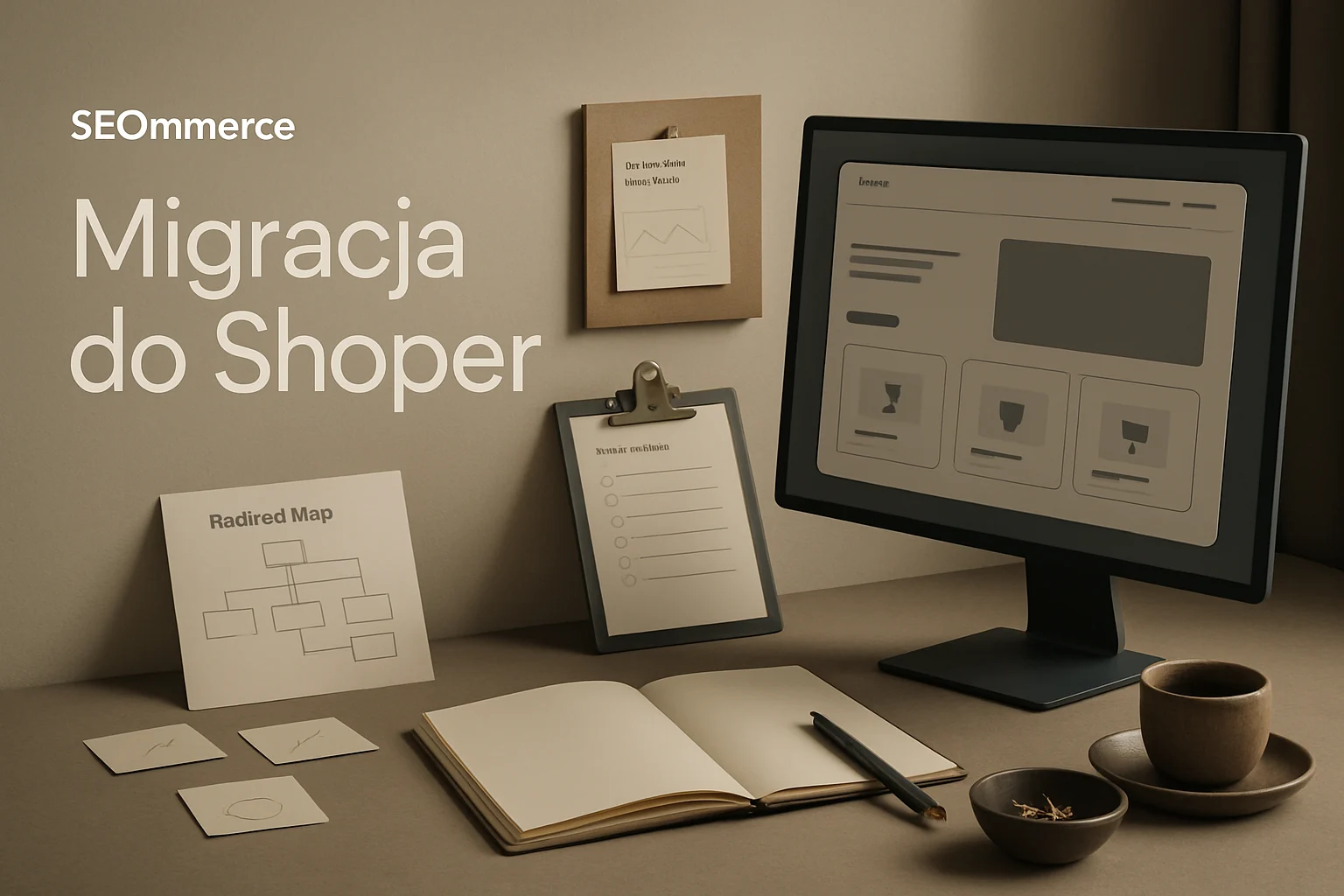 Stanowisko migracji do Shoper z mapa przekierowan, lista startowa i podgladem sklepu po wdrozeniu. Hero dla strony "Migracja do Shoper".