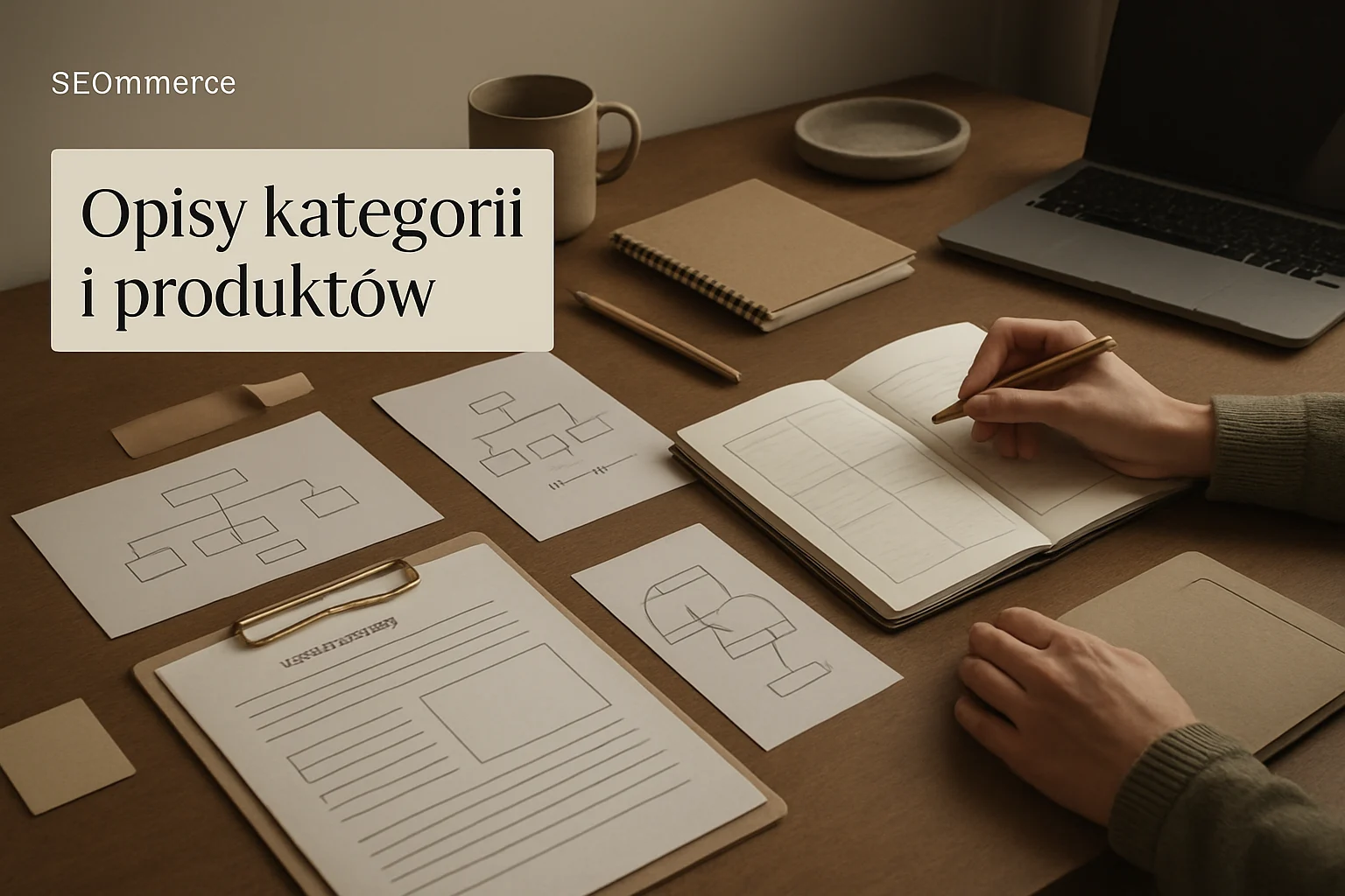 Warsztat architektury treści z briefami, mapa kategorii, planem linkowania i materialami redakcyjnymi dla sklepu. Hero dla strony "Opisy kategorii i produktów".