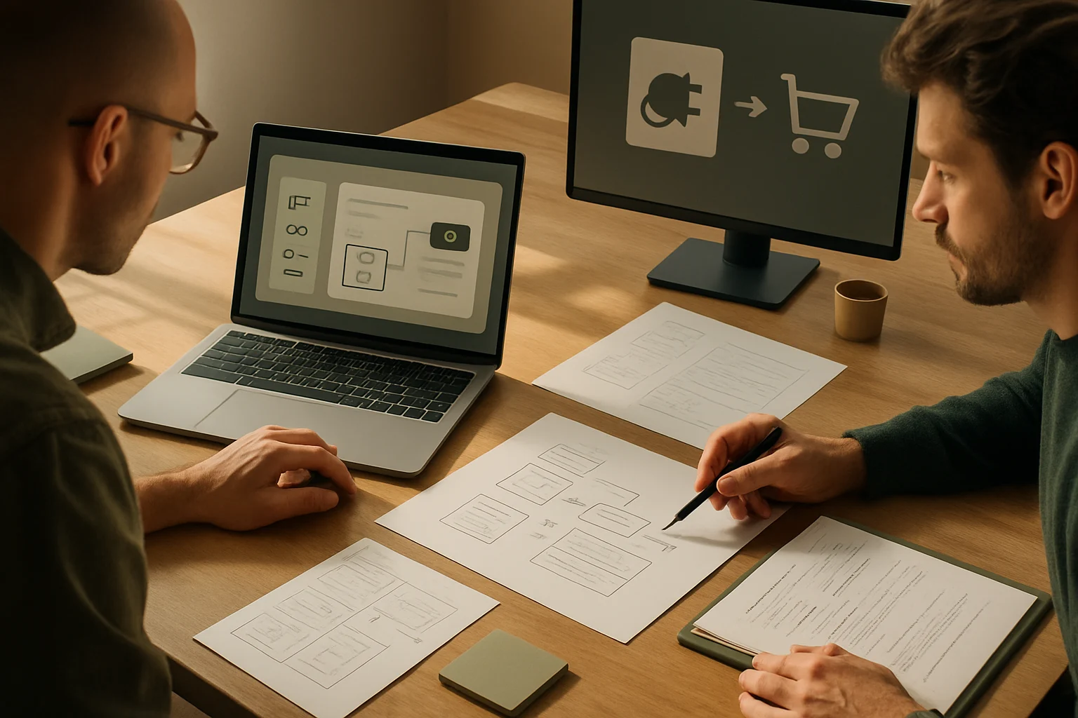 Warsztat nad pluginem i automatyzacjami e-commerce z notatkami wdrożeniowymi, makietami i ekranem integracji. Hero dla strony "Pluginvvest".