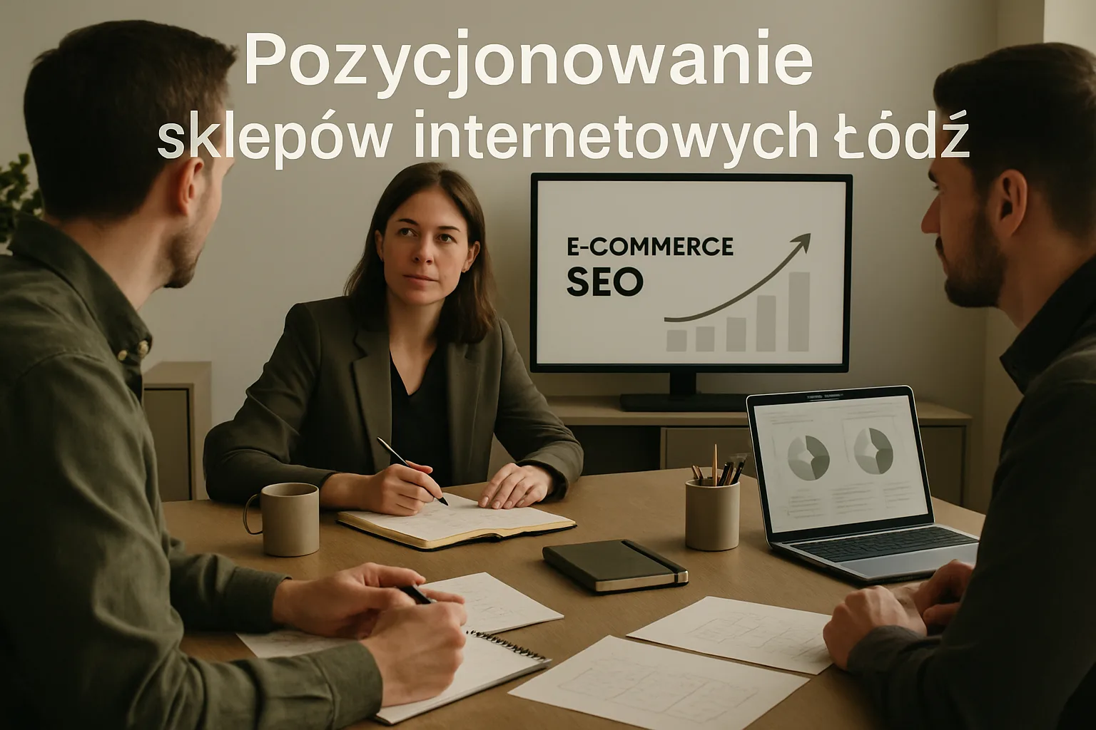 Warsztat SEOmmerce z uporzadkowanymi materialami strategicznymi, analiza danych i planem rozwoju serwisu. Hero dla strony "Pozycjonowanie sklepów internetowych w Łodzi".