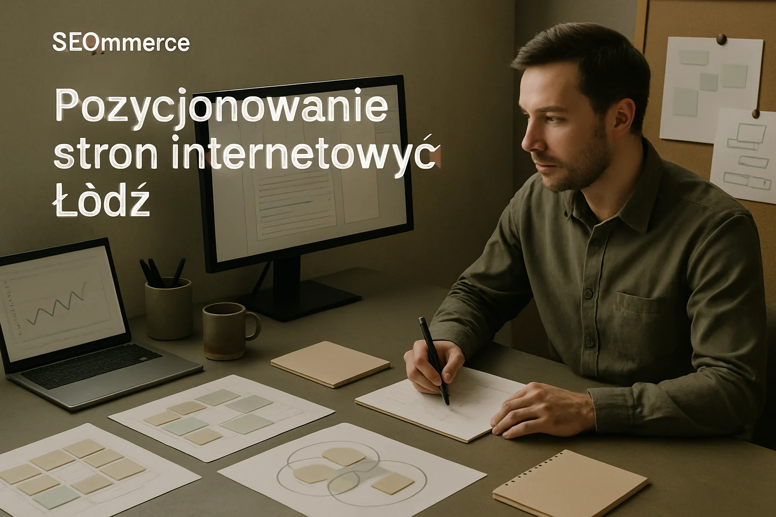 Warsztat strategii SEO z mapa fraz, intencjami wyszukiwania i materialami do planowania widocznosci strony. Hero dla strony "Pozycjonowanie stron internetowych Łódź".