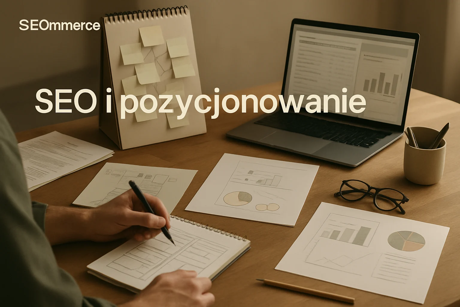 Warsztat strategii SEO z mapa fraz, intencjami wyszukiwania i materialami do planowania widoczności strony. Hero dla strony "SEO i pozycjonowanie".