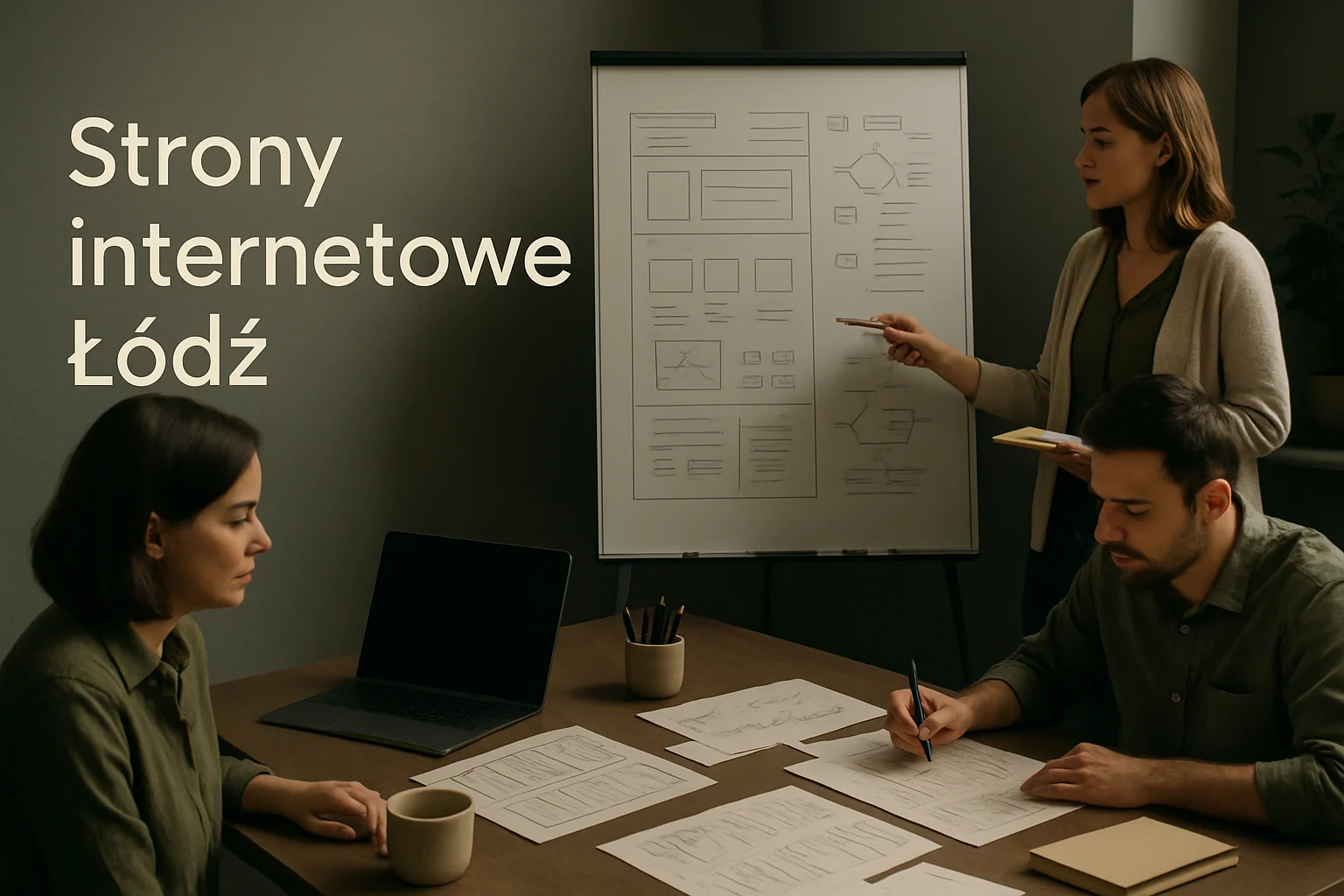 Warsztat projektowania stron w Lodzi z makietami, sekcjami zaufania i planem wdrozenia dla lokalnej firmy. Hero dla strony "Strony internetowe Łódź".