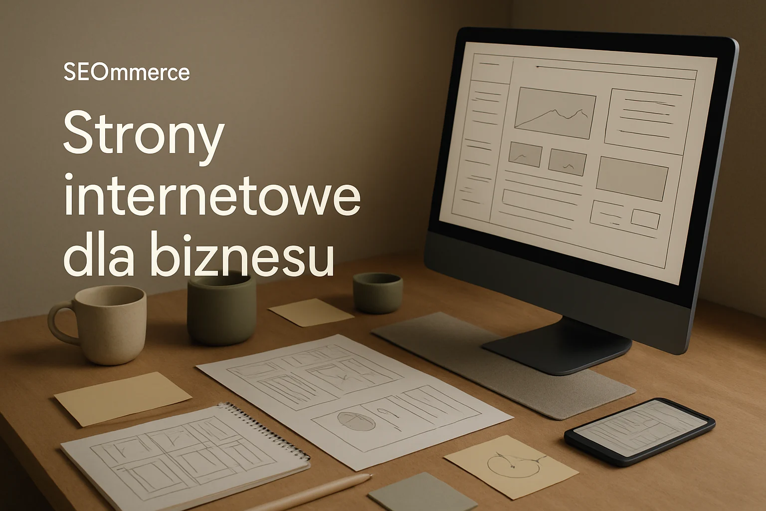 Studio projektowania stron internetowych z makietami mobile i desktop oraz planem hierarchii treści. Hero dla strony "Strony internetowe dla biznesu".