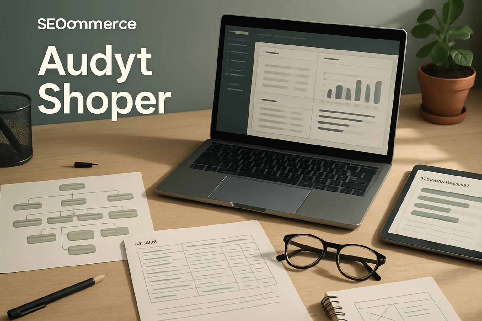 Biurko audytu Shoper z analiza kategorii, metadanych i priorytetow SEO dla sklepu. Hero dla strony "Audyt Shoper".