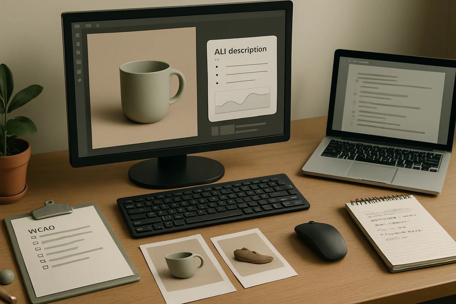 Stanowisko do pracy nad altami i dostepnoscia obrazow w e-commerce z kartami produktow oraz lista kontroli WCAG. Hero dla strony "Masowe opisy ALT dla zdjec".