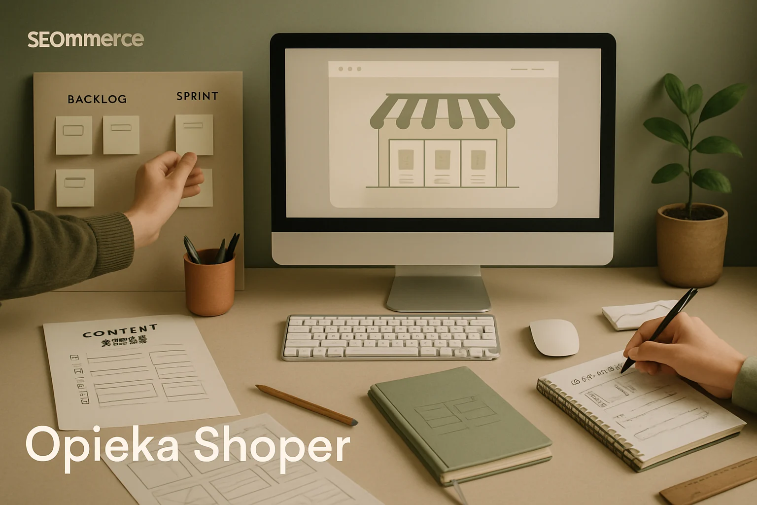 Stanowisko opieki Shoper z backlogiem rozwoju sklepu, zadaniami contentowymi i poprawkami SEO. Hero dla strony "Opieka Shoper".