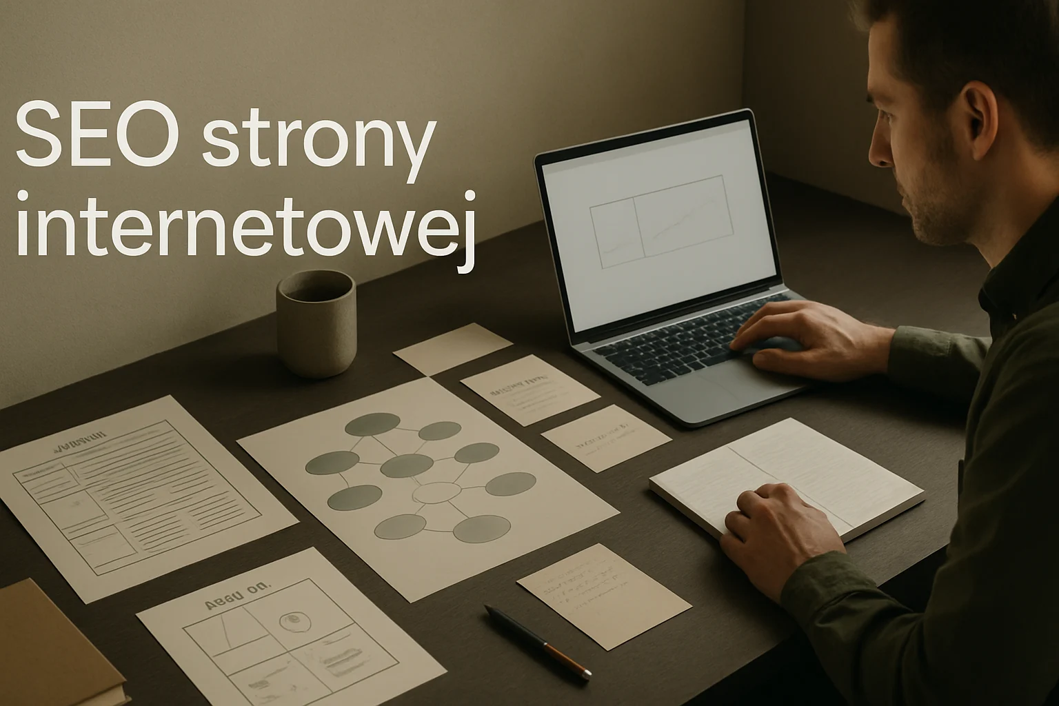 Warsztat strategii SEO z mapa fraz, intencjami wyszukiwania i materialami do planowania widoczności strony. Hero dla strony "SEO strony internetowej".