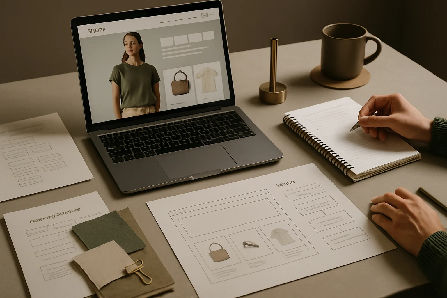 Studio wdrozenia sklepu Shoper z makietami storefrontu, planem startu i architektura kategorii. Hero dla strony "Sklep internetowy Shoper".