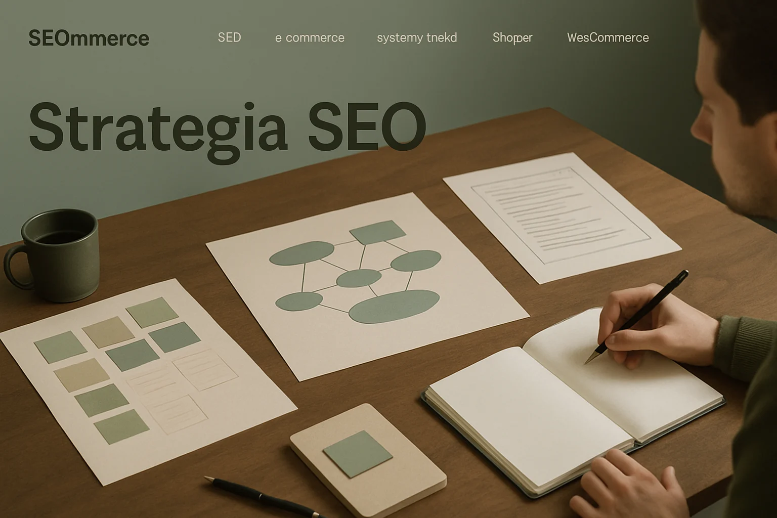 Warsztat strategii SEO z mapa fraz, intencjami wyszukiwania i materialami do planowania widoczności strony. Hero dla strony "Strategia SEO".