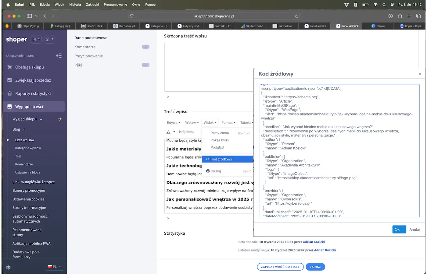 Panel konfiguracji FAQ schema wykorzystywany w audycie sklepu Shoper do oceny rozwoju tresci i rich snippets.