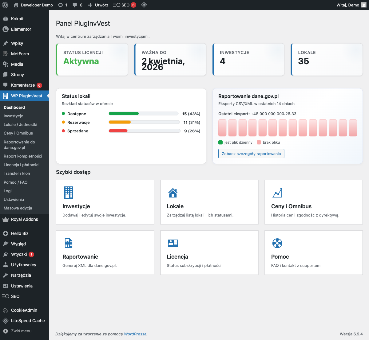 Dashboard PlugInvVest w WordPressie — status licencji, aktywna do 2 kwietnia 2026, 4 inwestycje, 35 lokali, widżet raportowania do dane.gov.pl.
