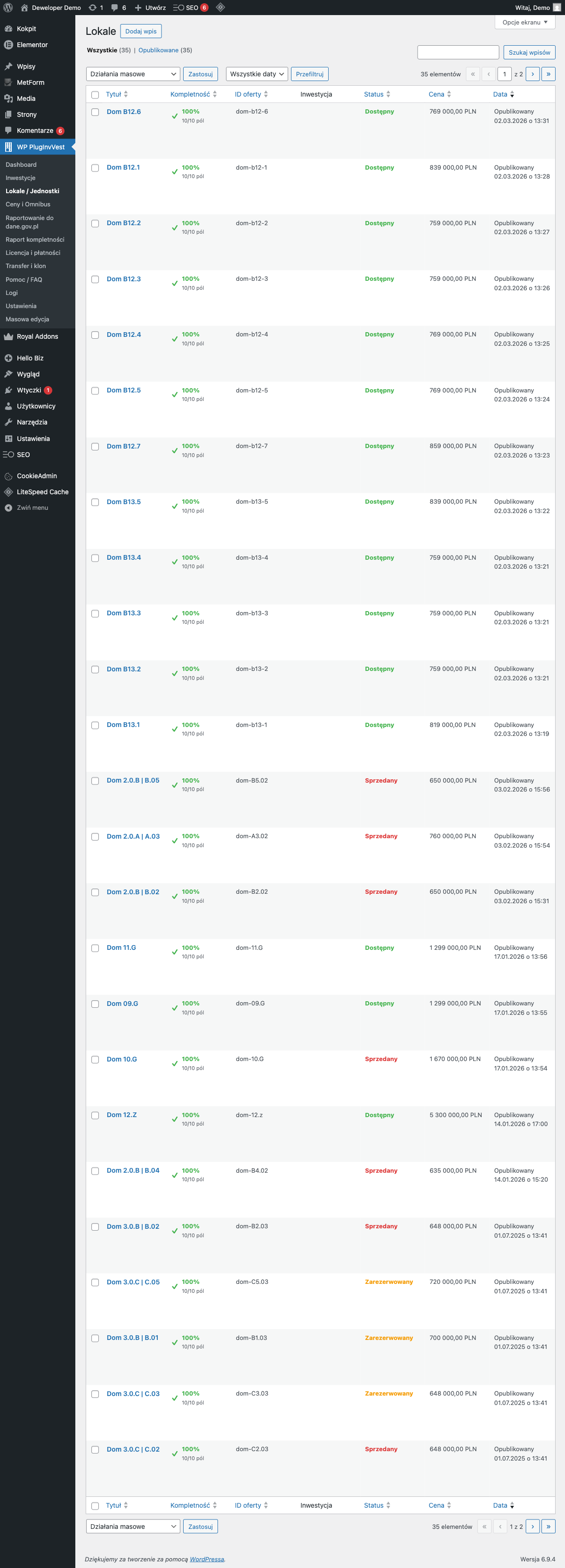 Lista lokali w PlugInvVest z kolumnami: tytuł, kompletność 100%, ID oferty, inwestycja, status (dostępne/sprzedane/rezerwacja), cena, data.