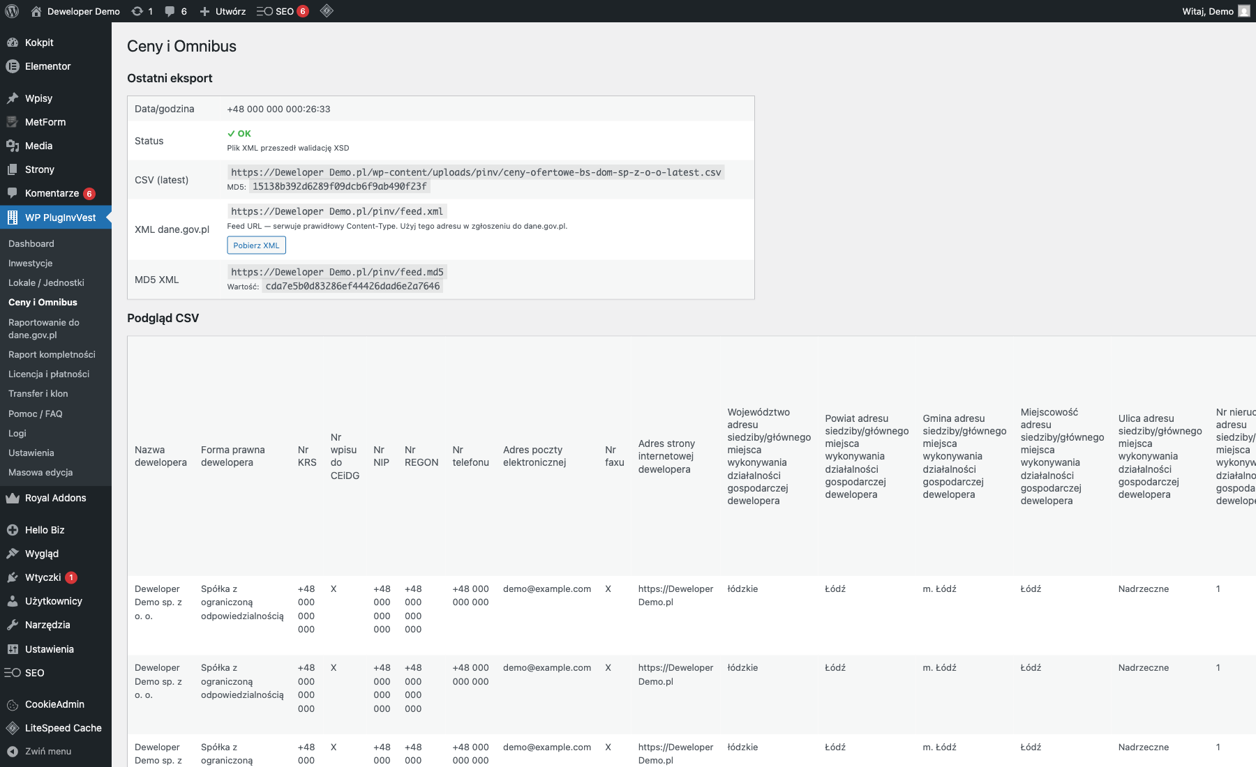 Ekran Ceny i Omnibus — data ostatniego eksportu, linki do plików CSV, XML, MD5 i podgląd CSV z danymi dewelopera i inwestycji.