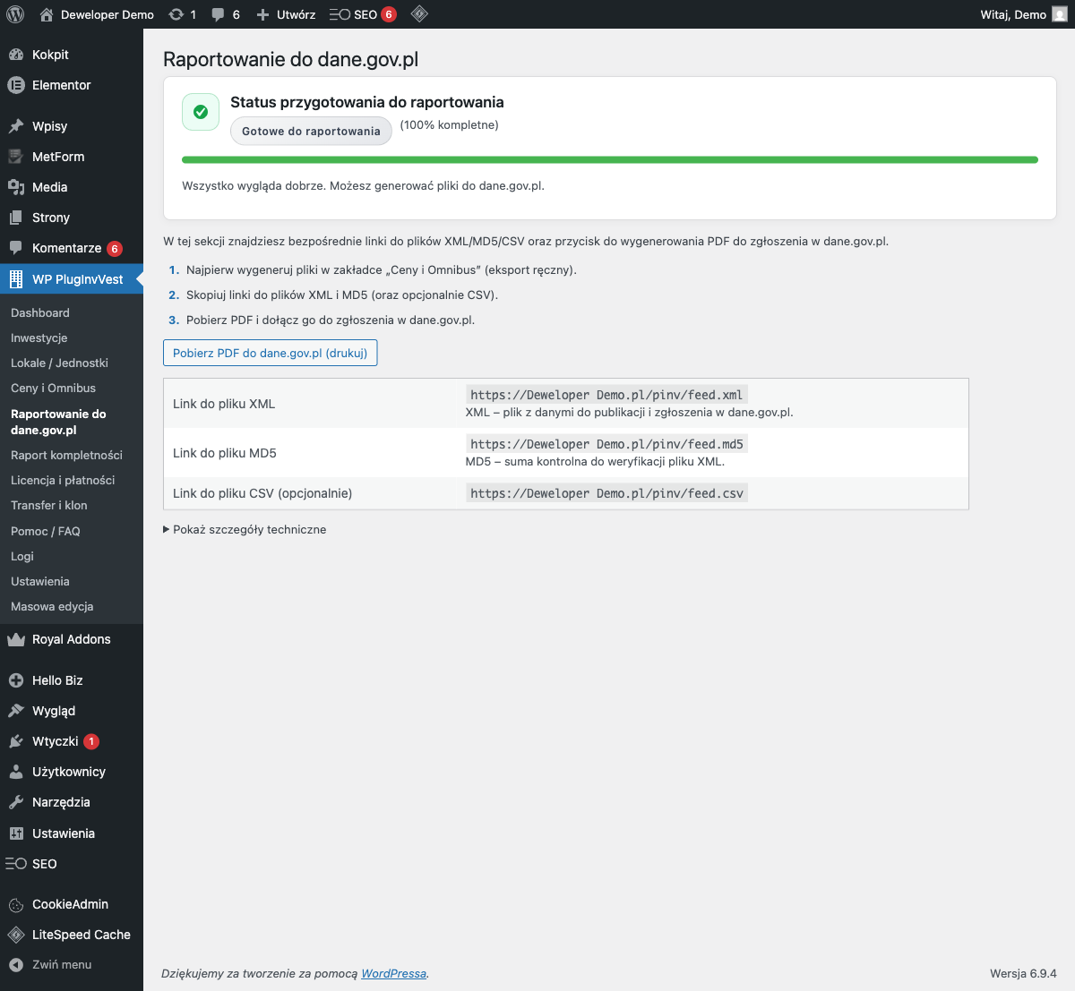 Ekran Raportowanie do dane.gov.pl — status przygotowania 100%, linki do XML, MD5, CSV i przycisk pobierania PDF zgłoszenia.
